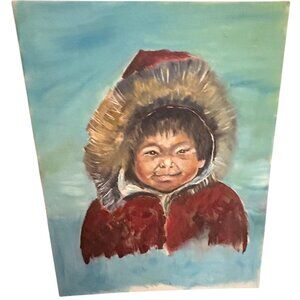 Vintage portrait of Inuit Child Oil Painting Canvas Art blue red 16x12" READ